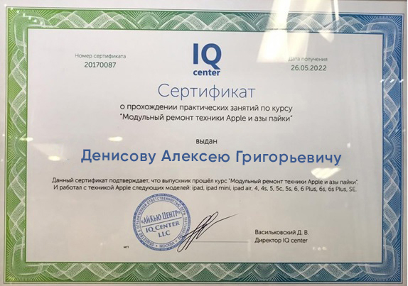 сертификат мастера Алексей Денисов