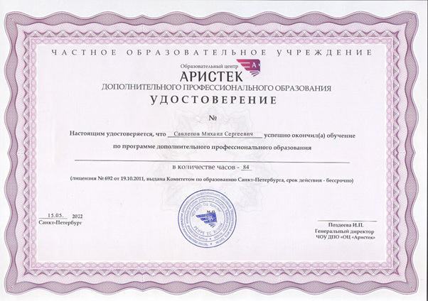 сертификат мастера Михаил Савлепов 